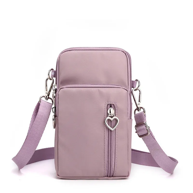 Nylon mobile phone crossbody bag for women, large size, available in multiple colours with zipper closure