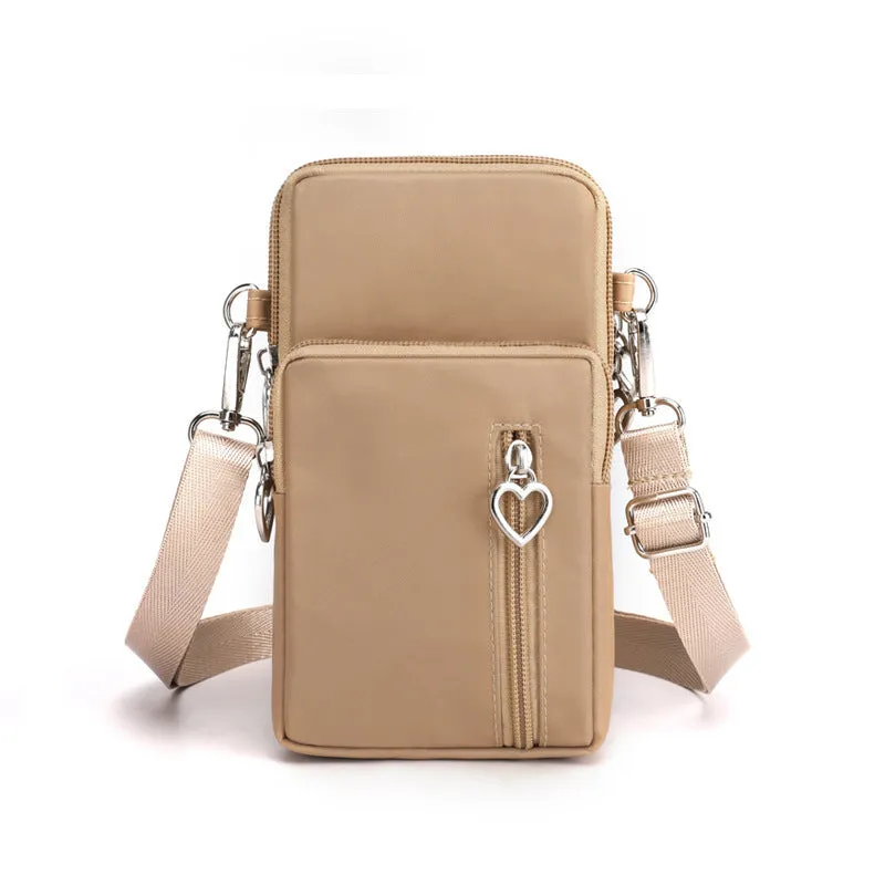 Nylon mobile phone crossbody bag for women, large size, available in multiple colours with zipper closure