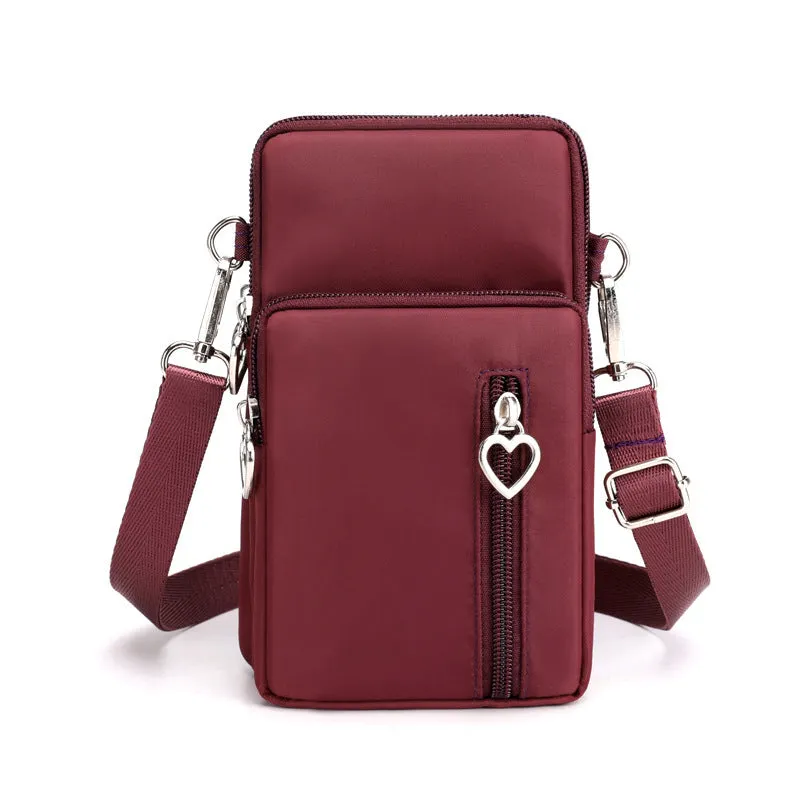 Nylon mobile phone crossbody bag for women, large size, available in multiple colours with zipper closure