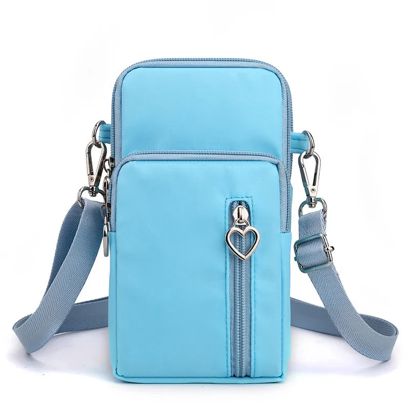 Nylon mobile phone crossbody bag for women, large size, available in multiple colours with zipper closure
