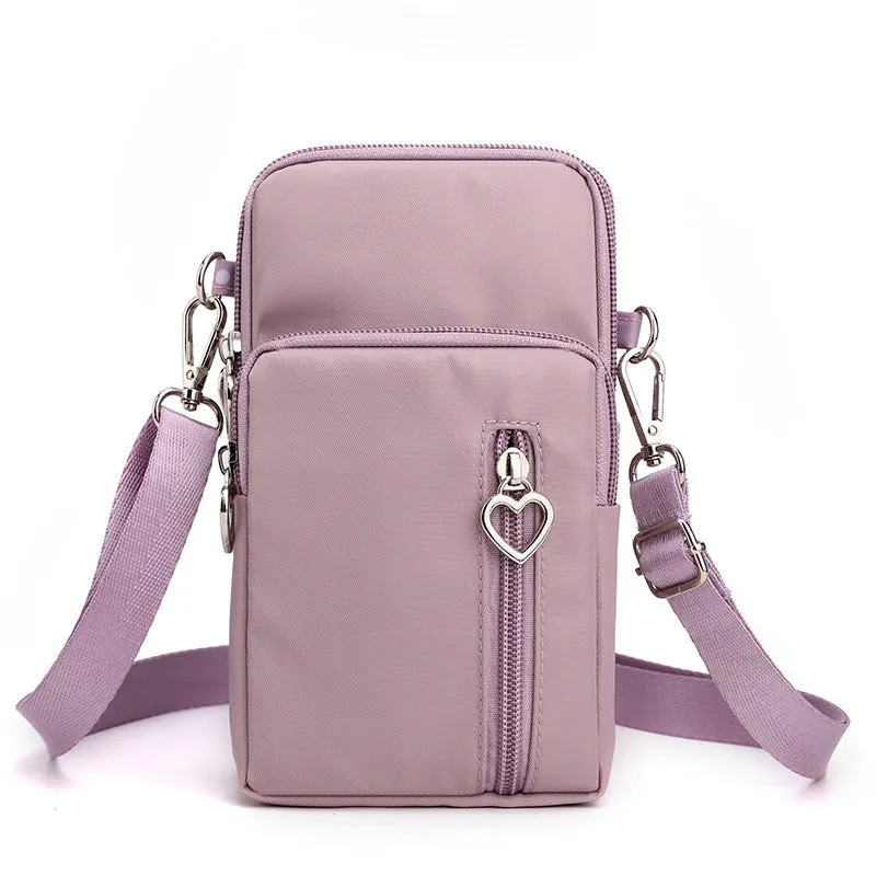 Nylon mobile phone crossbody bag for women, large size, available in multiple colours with zipper closure