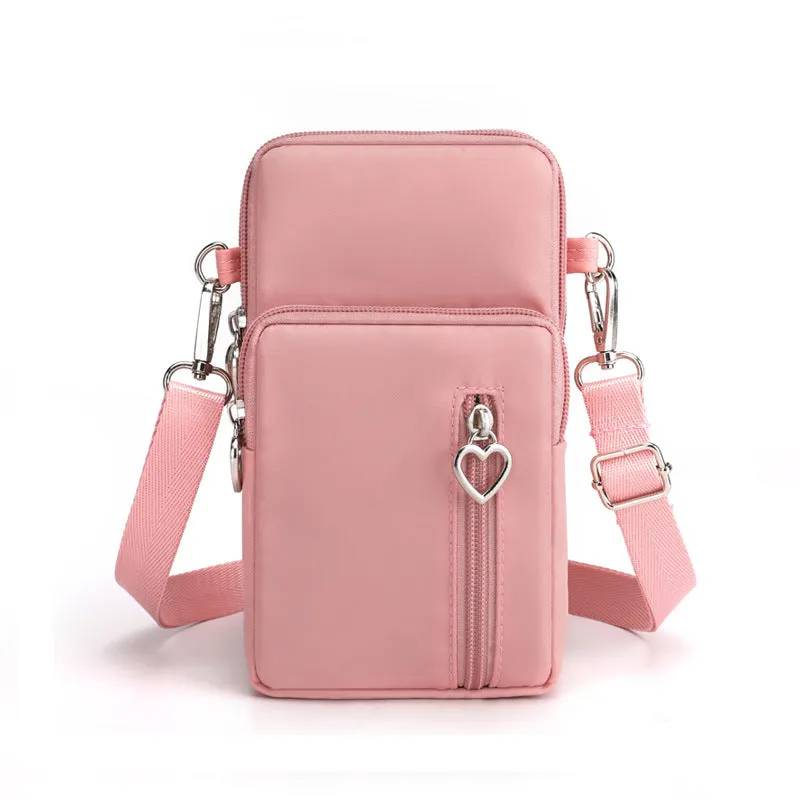 Nylon mobile phone crossbody bag for women, large size, available in multiple colours with zipper closure