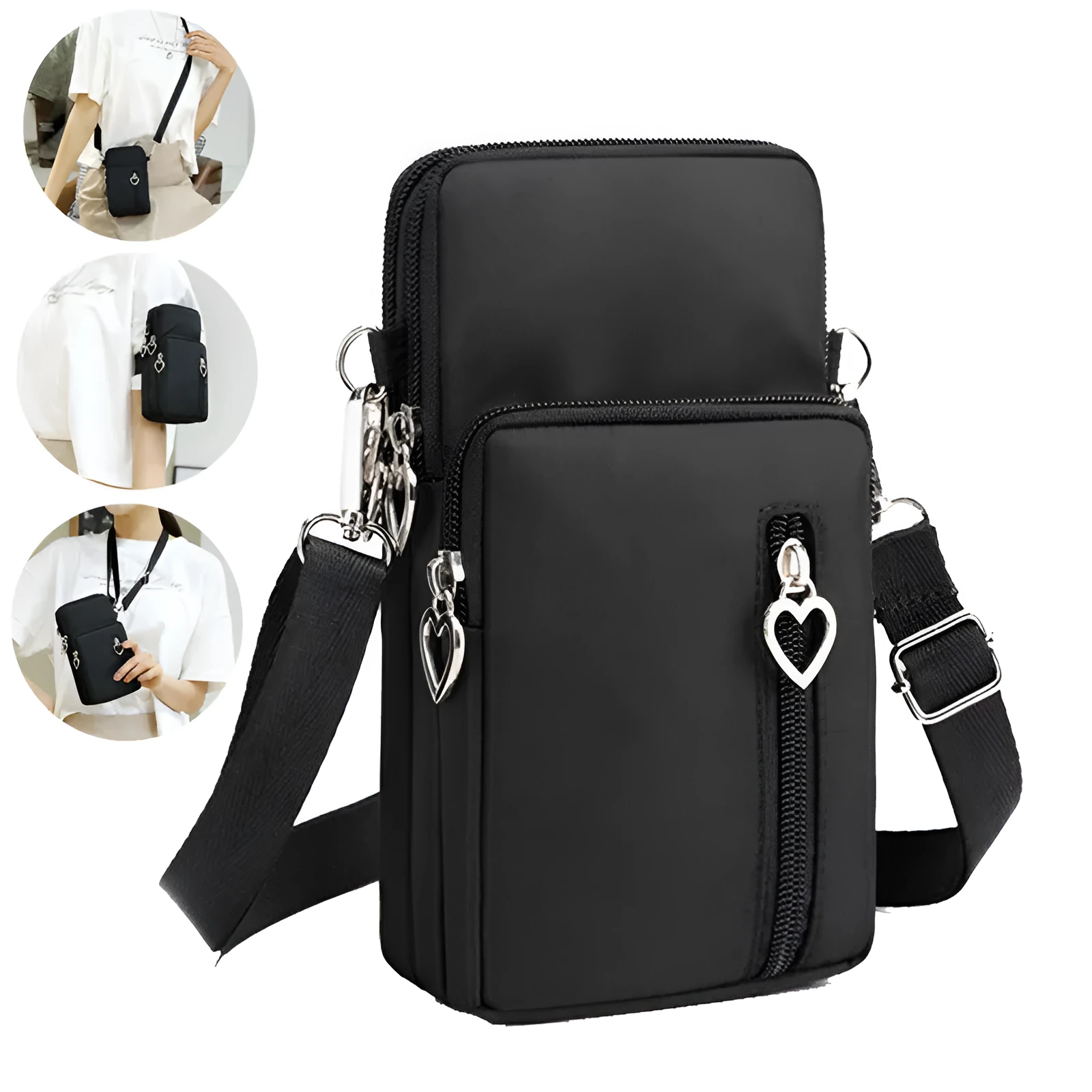 Nylon mobile phone crossbody bag for women, large size, available in multiple colours with zipper closure