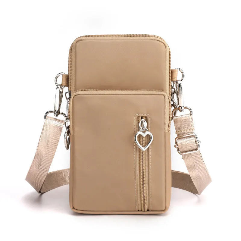 Nylon mobile phone crossbody bag for women, large size, available in multiple colours with zipper closure