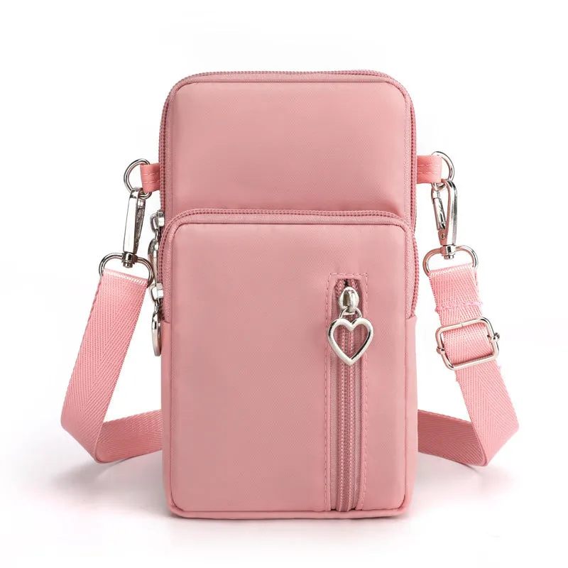 Nylon mobile phone crossbody bag for women, large size, available in multiple colours with zipper closure
