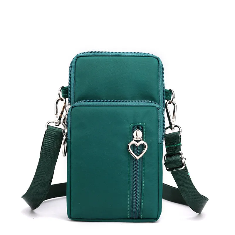 Nylon mobile phone crossbody bag for women, large size, available in multiple colours with zipper closure