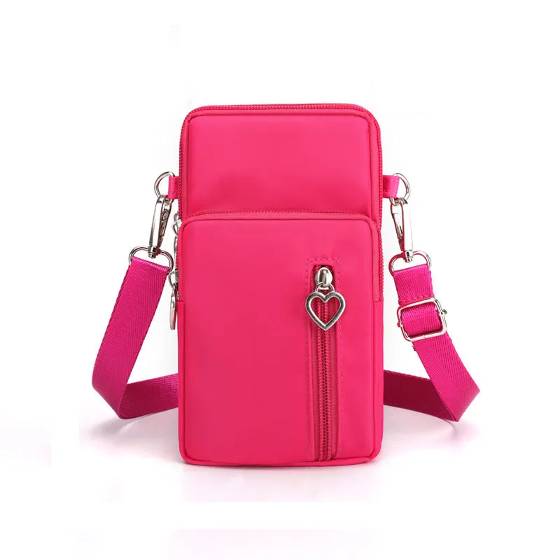 Nylon mobile phone crossbody bag for women, large size, available in multiple colours with zipper closure