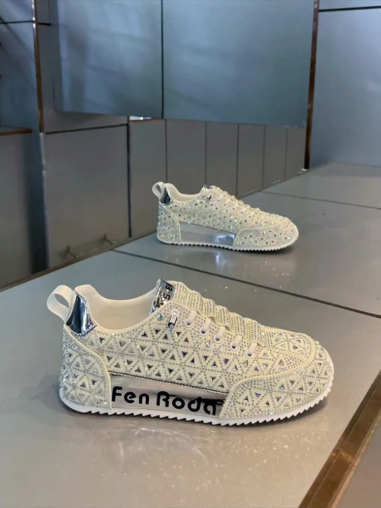 Men's slip-on breathable sneakers with hot drilling cloth surface, round toe, thick bottom rubber sole