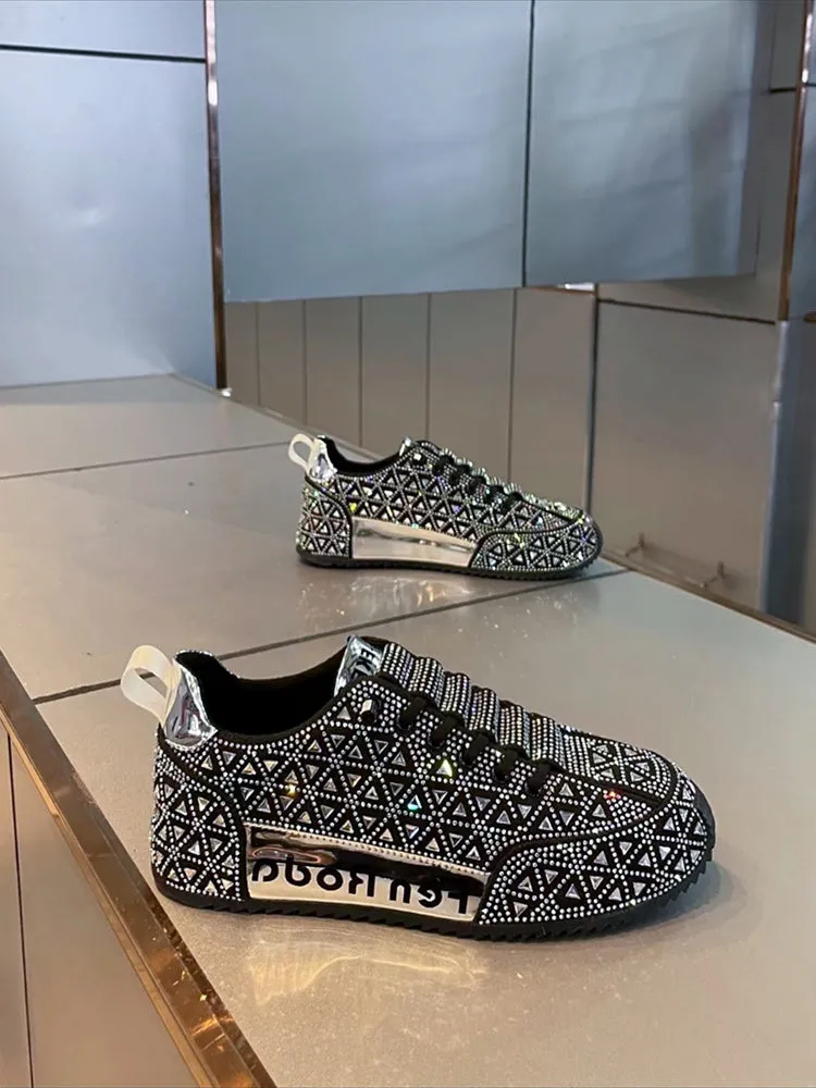 Men's slip-on breathable sneakers with hot drilling cloth surface, round toe, thick bottom rubber sole