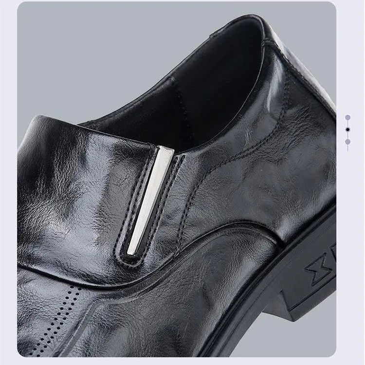 Men's black cowhide leather slip-on casual shoes with rubber sole