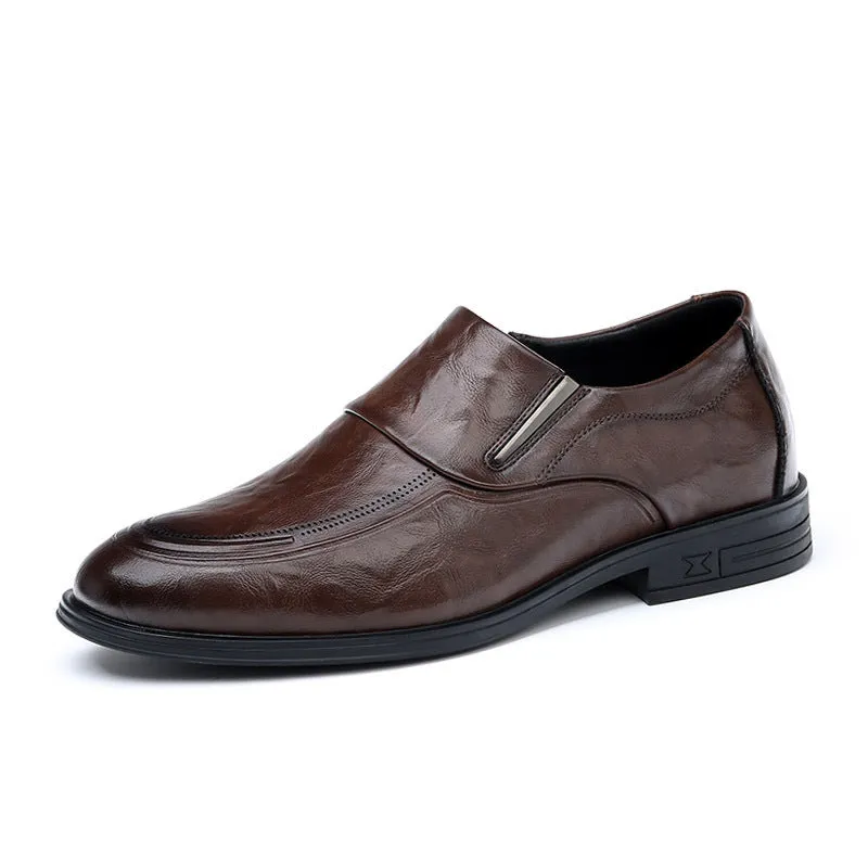 Men's black cowhide leather slip-on casual shoes with rubber sole
