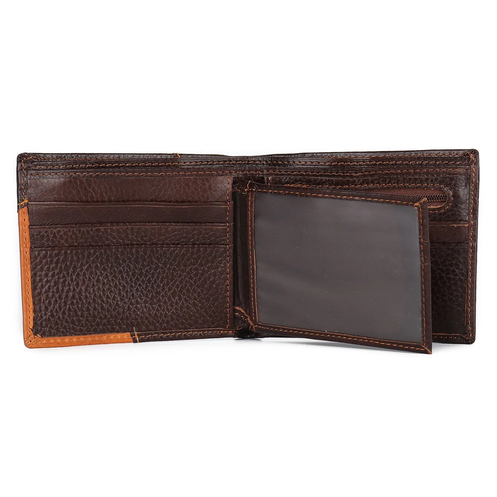 Horizontal cowhide leather wallet with personalised stitching, open to show card slots and a zipper compartment.
