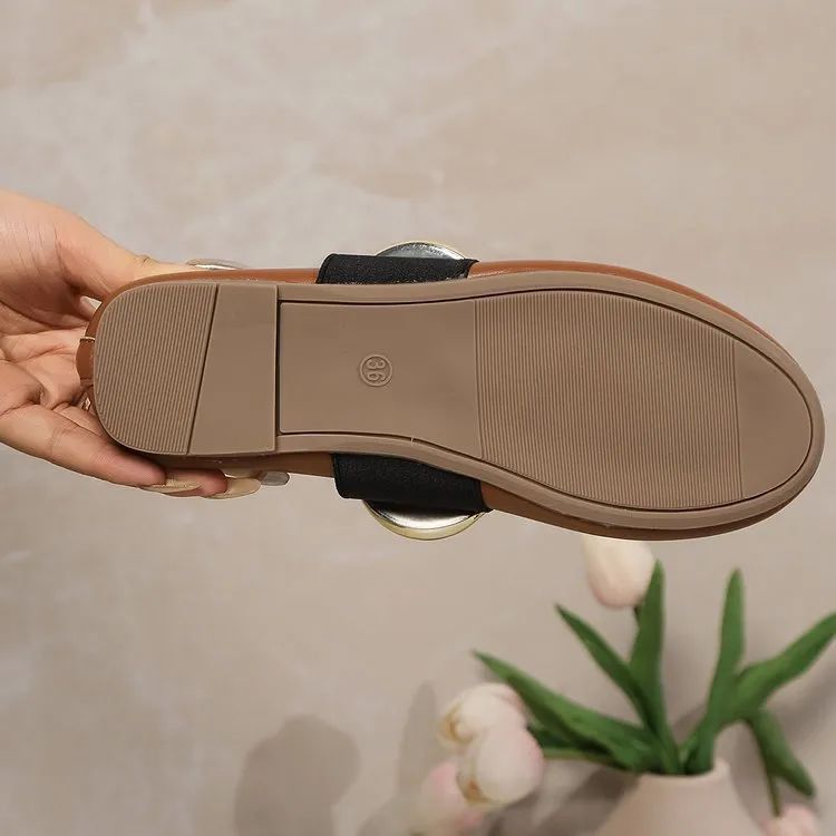 Women's brown artificial PU slip-on loafers with metal buckle and sequin decoration on front