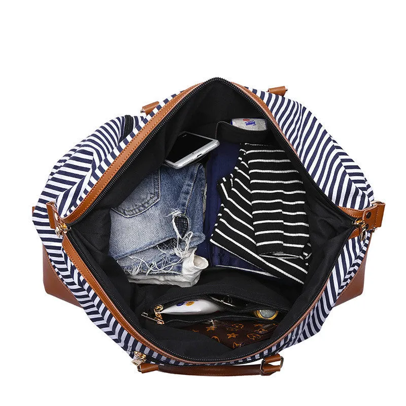 Canvas striped messenger travel bag in blue stripes, large 36-55L capacity, with shoulder strap and pull rod attachment