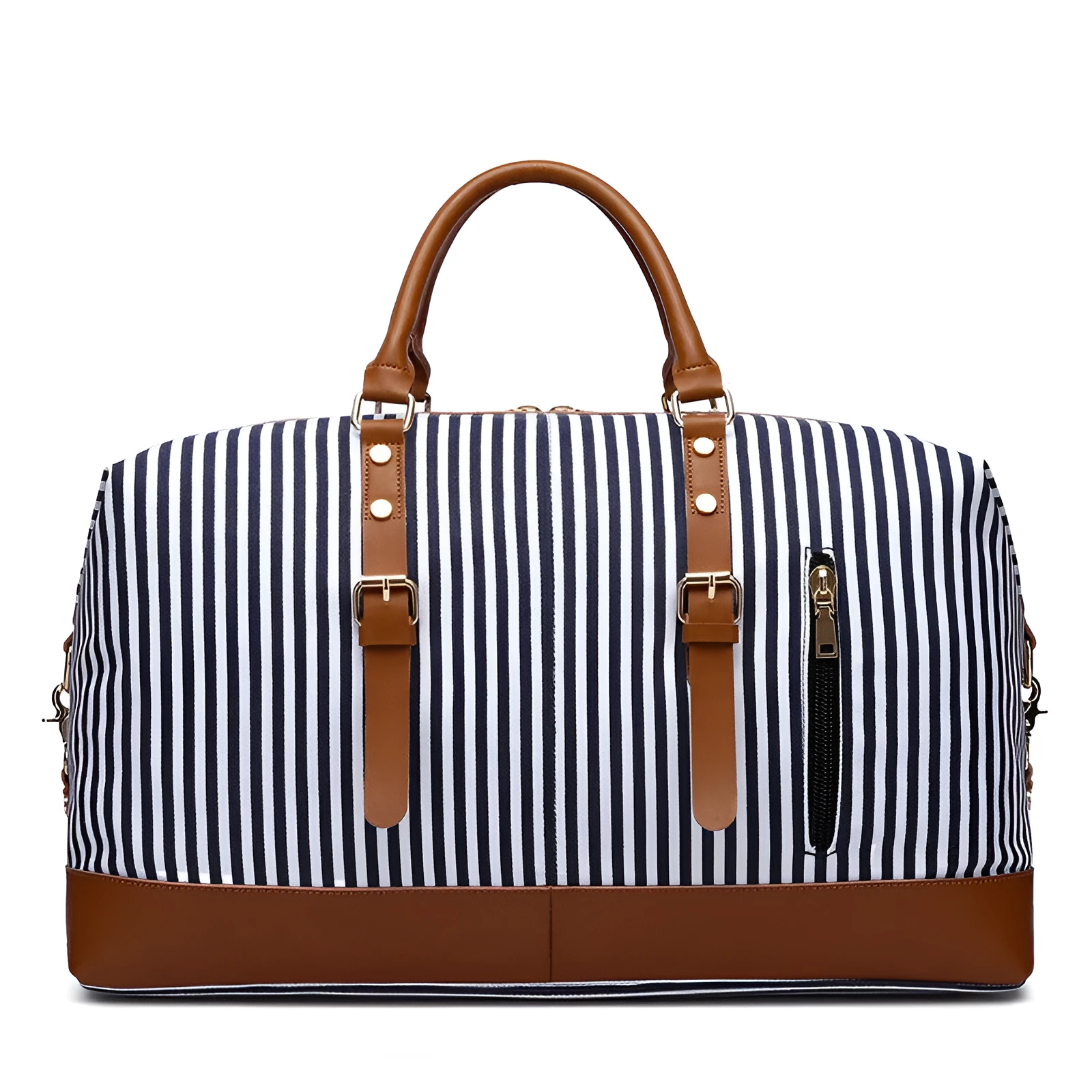 Canvas striped messenger travel bag in blue stripes, large 36-55L capacity, with shoulder strap and pull rod attachment
