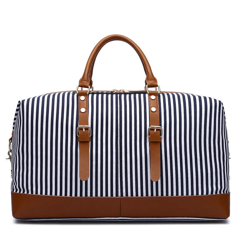 Canvas striped messenger travel bag in blue stripes, large 36-55L capacity, with shoulder strap and pull rod attachment