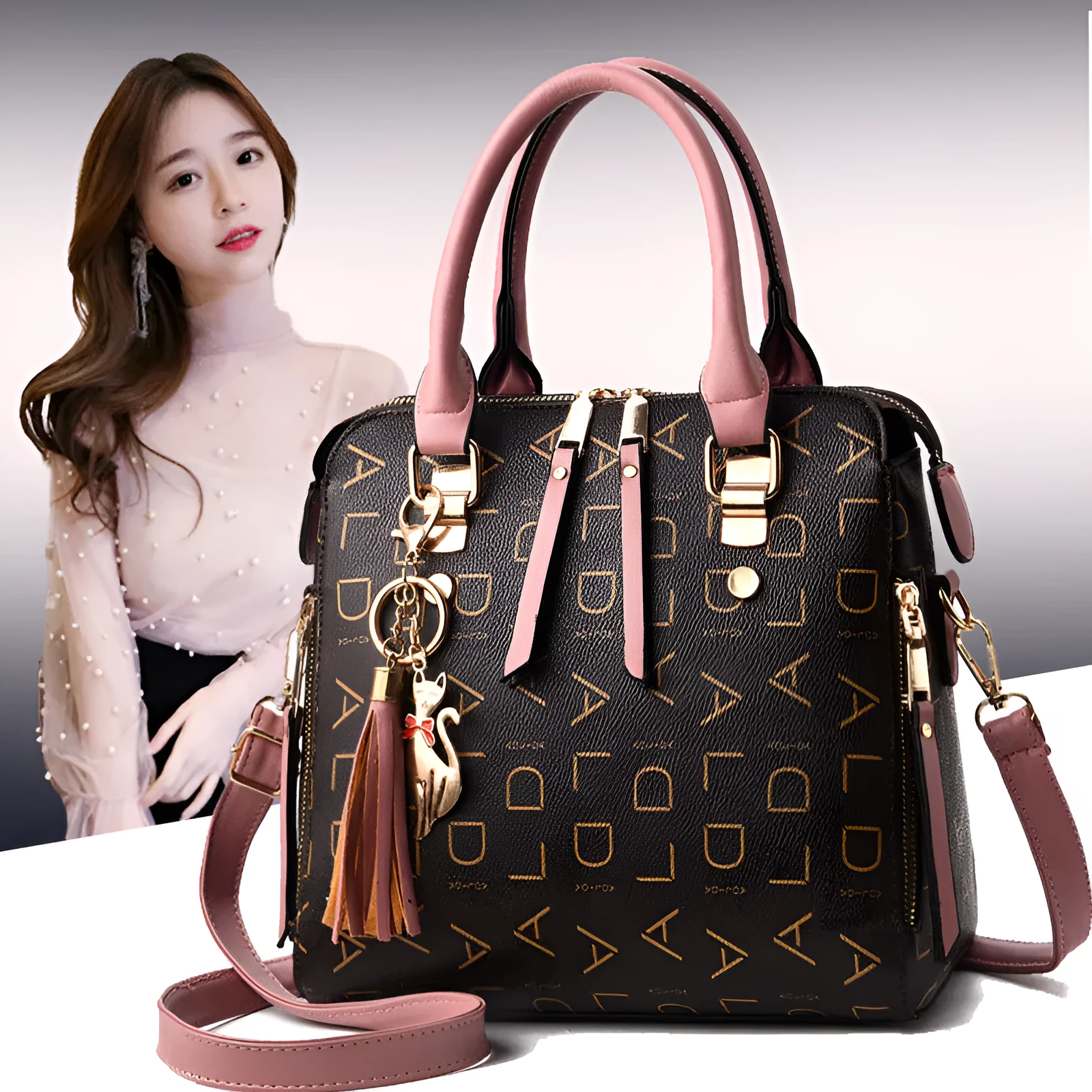 Wild Shoulder Crossbody Bag in solid colour with tassel decoration, PU leather exterior, and single strap.