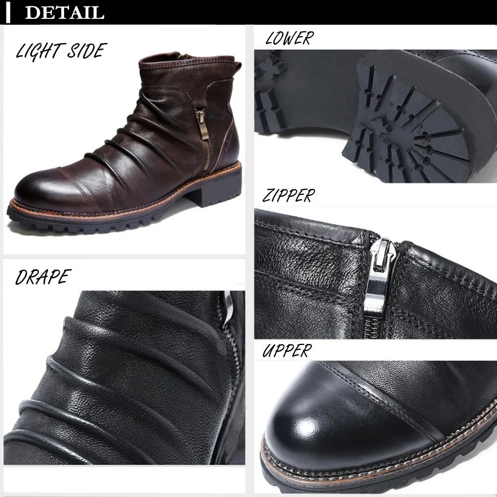 Black mid-calf cowboy boots with a side zipper, round toe, and a horseshoe heel on a plain background.