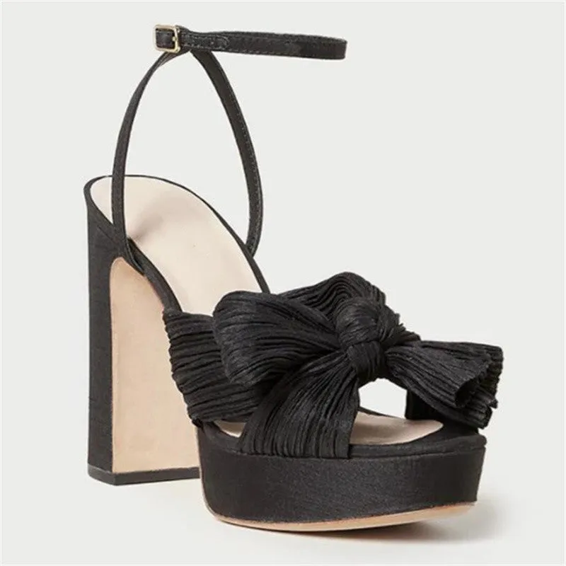 Women's platform high heel sandals with bowknot, fish mouth open toe, artificial PU upper, black colour