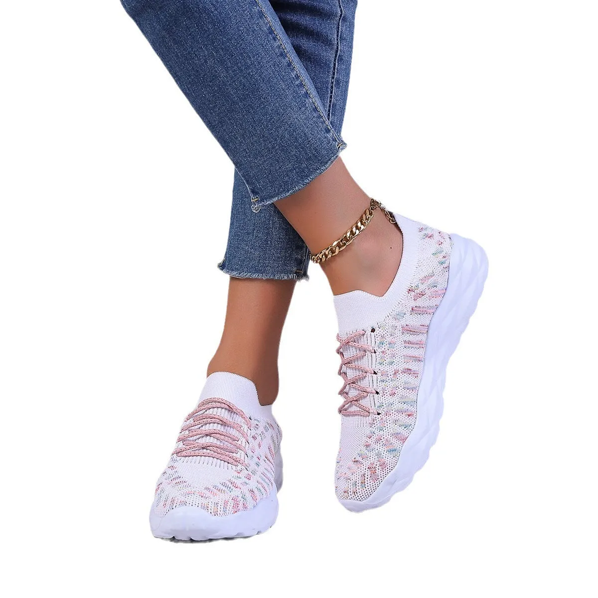 Solid colour women's flying woven pumps with mesh upper, flat heel, round toe, and cross shoulder straps