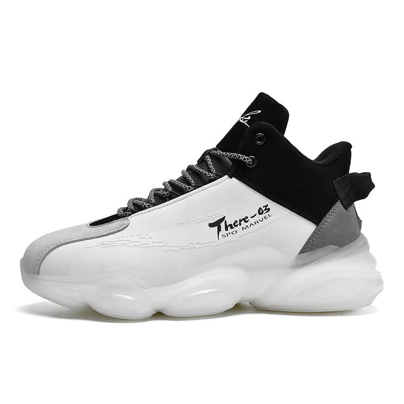New Youth Basketball Running Sneakers white black TPU popcorn sole microfiber upper front lace-up platform flat heel