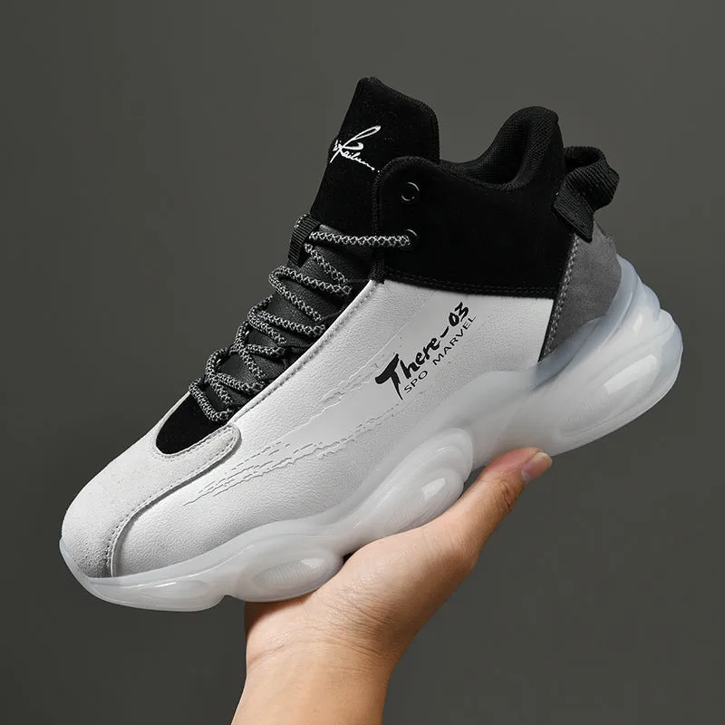 New Youth Basketball Running Sneakers white black TPU popcorn sole microfiber upper front lace-up platform flat heel