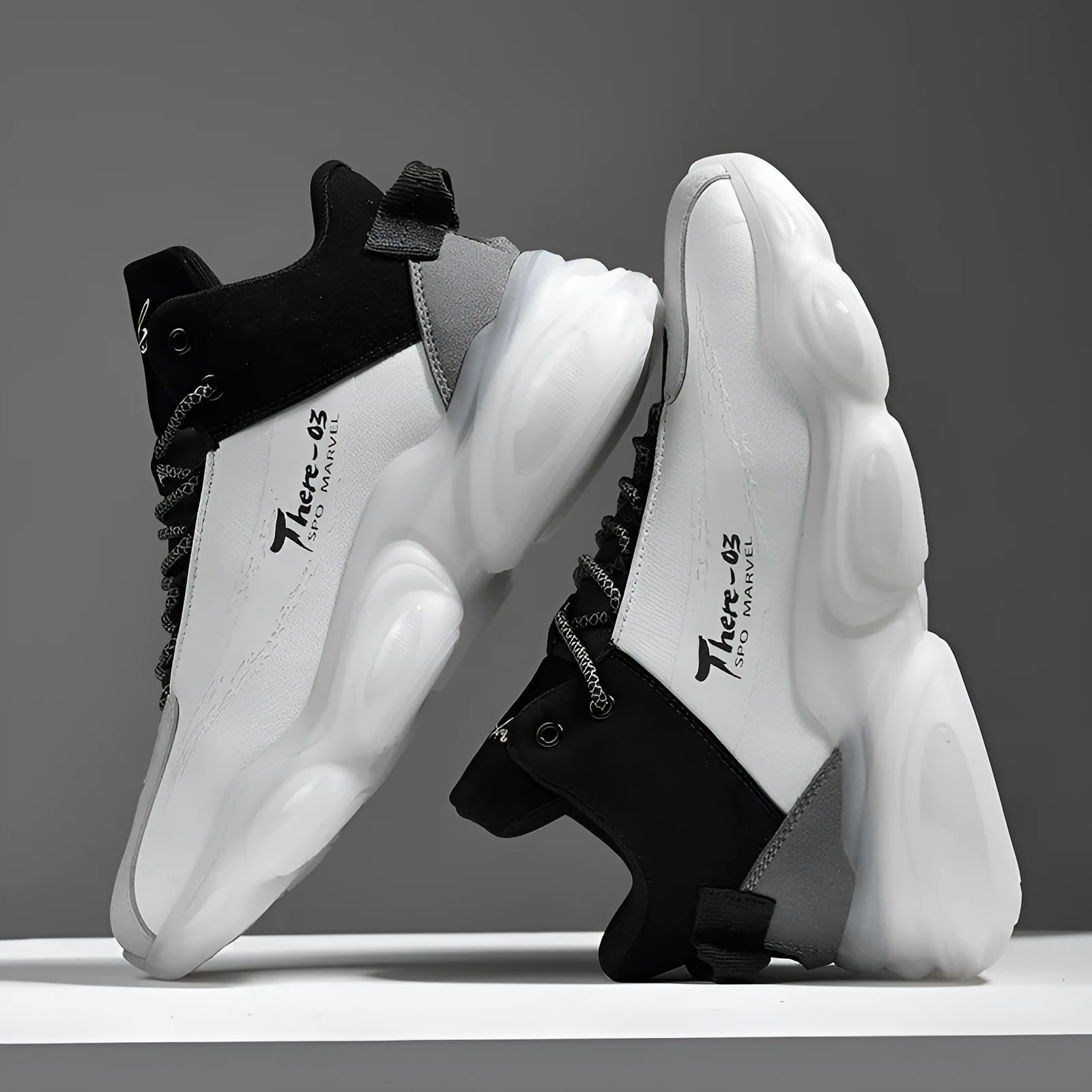 New Youth Basketball Running Sneakers white black TPU popcorn sole microfiber upper front lace-up platform flat heel