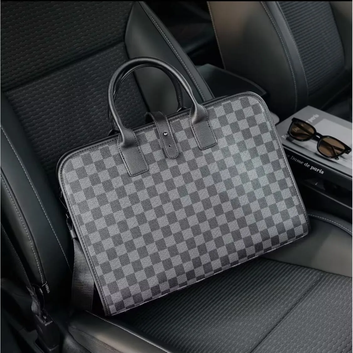 Men's dark gray waterproof PU business briefcase with rivet details, 41 cm wide, 30 cm high, 9 cm thick
