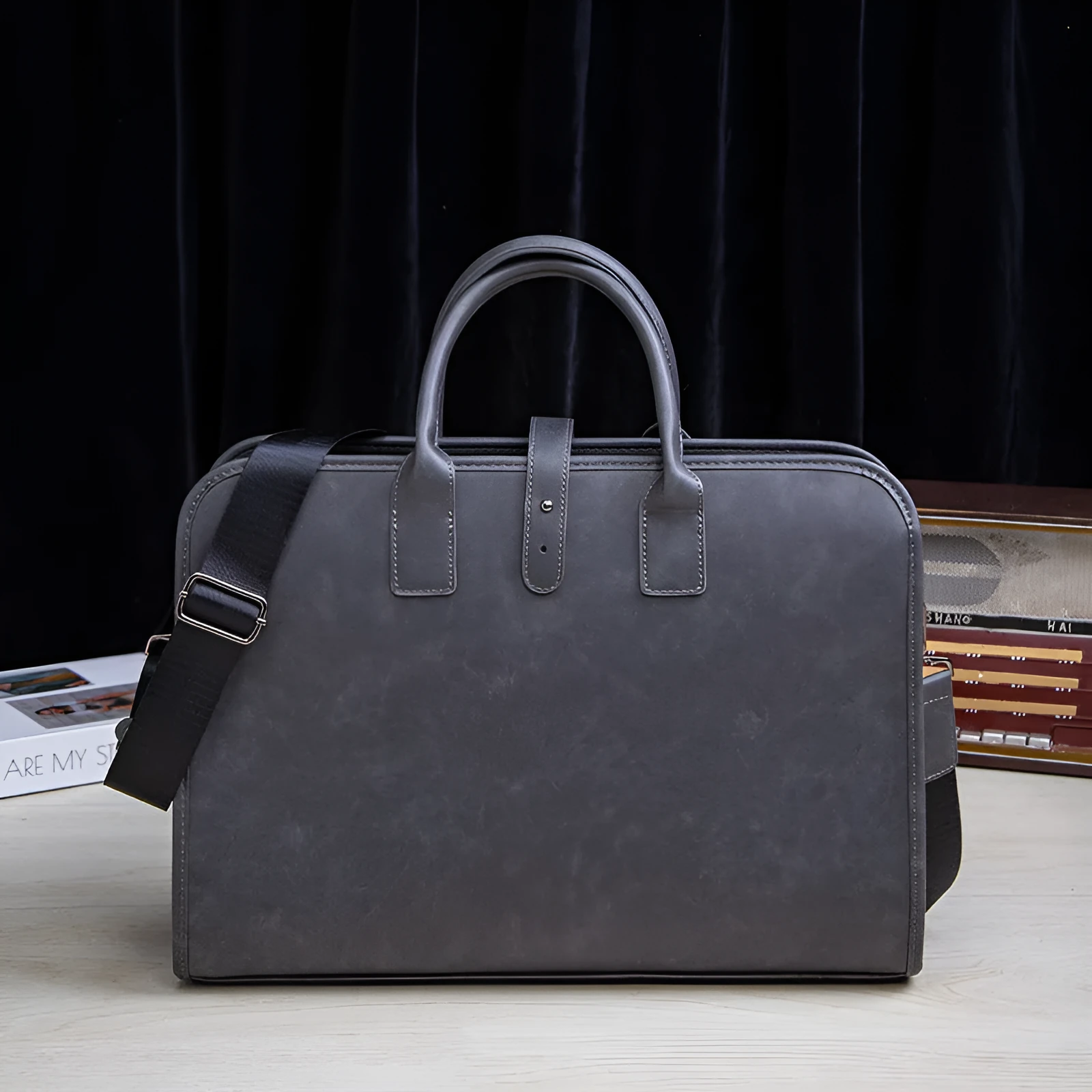 Men's dark gray waterproof PU business briefcase with rivet details, 41 cm wide, 30 cm high, 9 cm thick