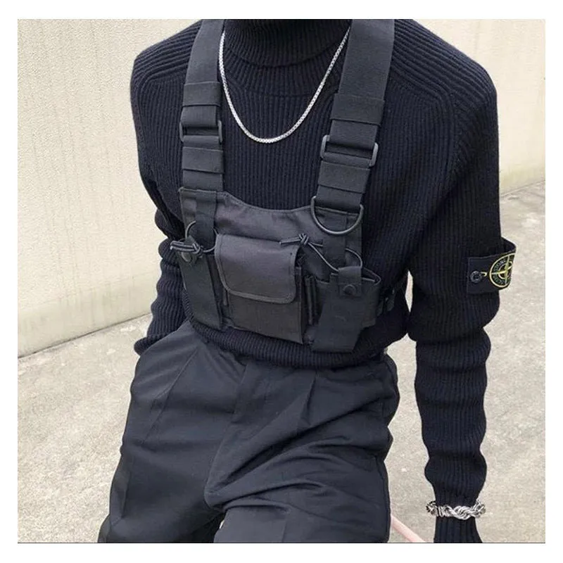 Black canvas hip-hop pillow chest bag 21x18x2 cm crossbody sling