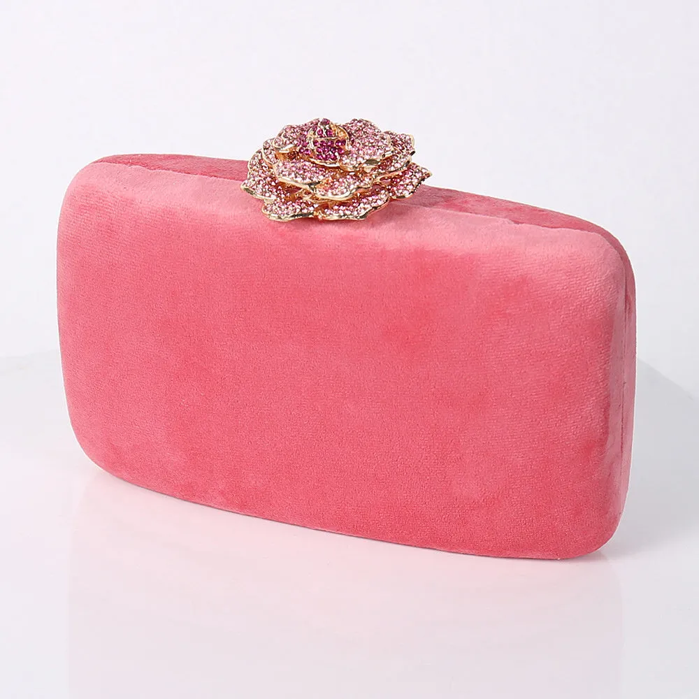 Set of five diamond-decorated PU flannel evening clutch bags with chain strap in black, light green, pink, yellow, and violet