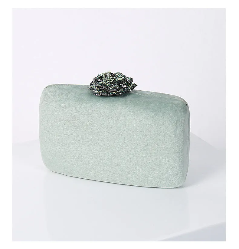 Set of five diamond-decorated PU flannel evening clutch bags with chain strap in black, light green, pink, yellow, and violet