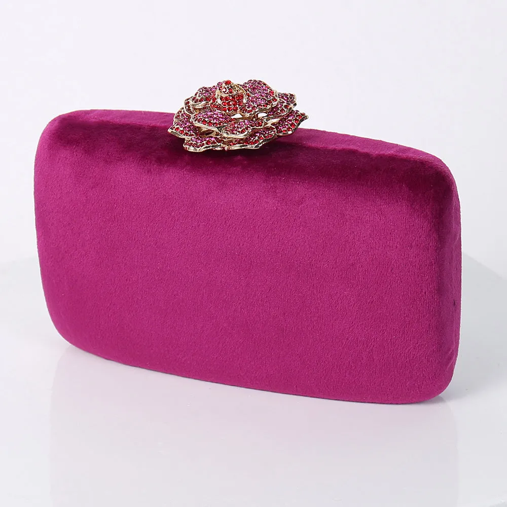 Set of five diamond-decorated PU flannel evening clutch bags with chain strap in black, light green, pink, yellow, and violet