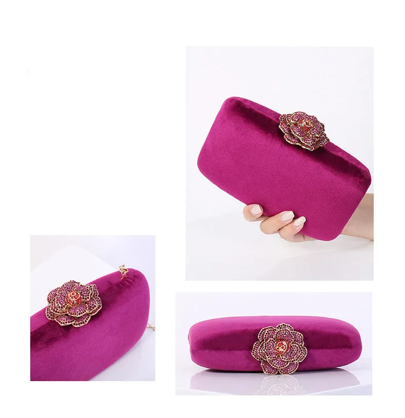 Set of five diamond-decorated PU flannel evening clutch bags with chain strap in black, light green, pink, yellow, and violet