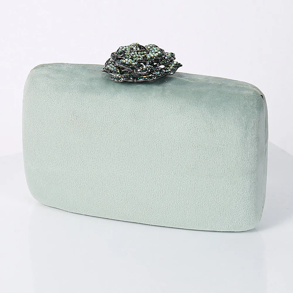 Set of five diamond-decorated PU flannel evening clutch bags with chain strap in black, light green, pink, yellow, and violet