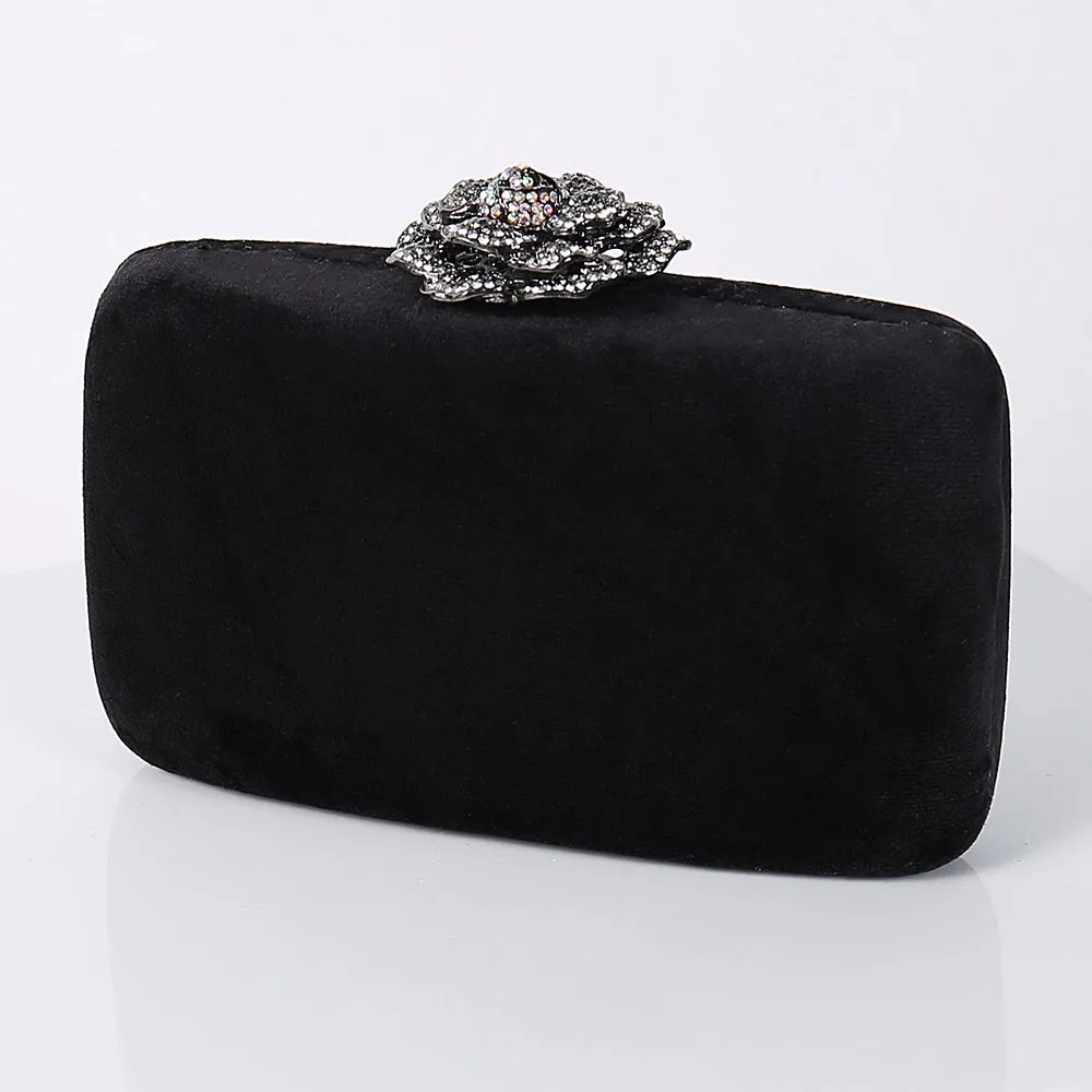 Set of five diamond-decorated PU flannel evening clutch bags with chain strap in black, light green, pink, yellow, and violet