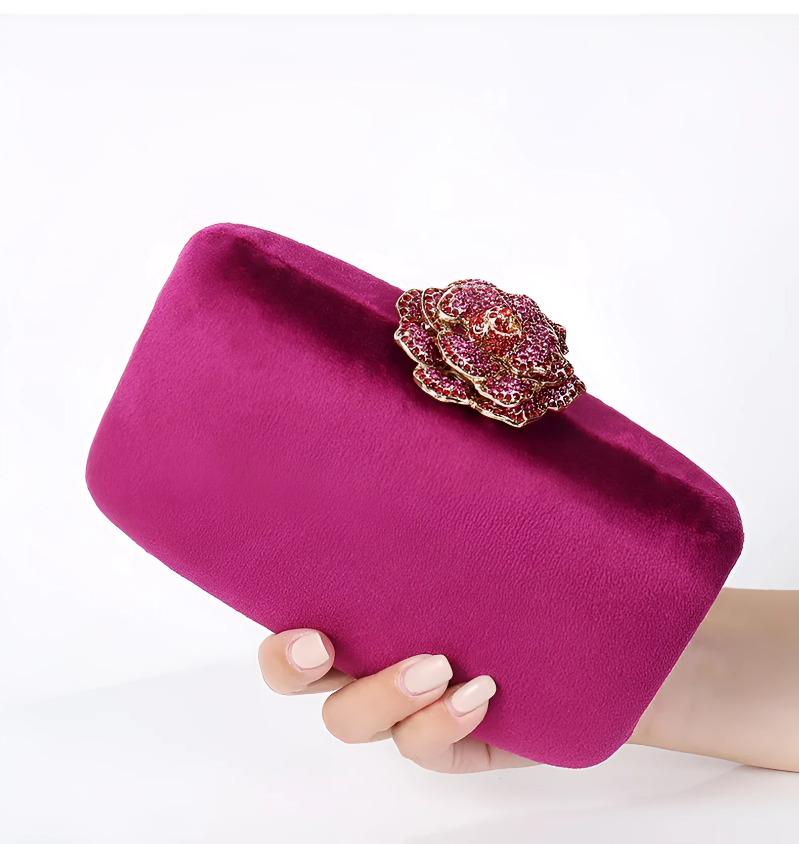 Set of five diamond-decorated PU flannel evening clutch bags with chain strap in black, light green, pink, yellow, and violet