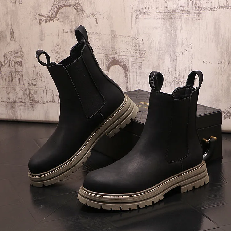 Men's casual shoes in black, microfiber leather upper, rubber sole, middle heel, England style