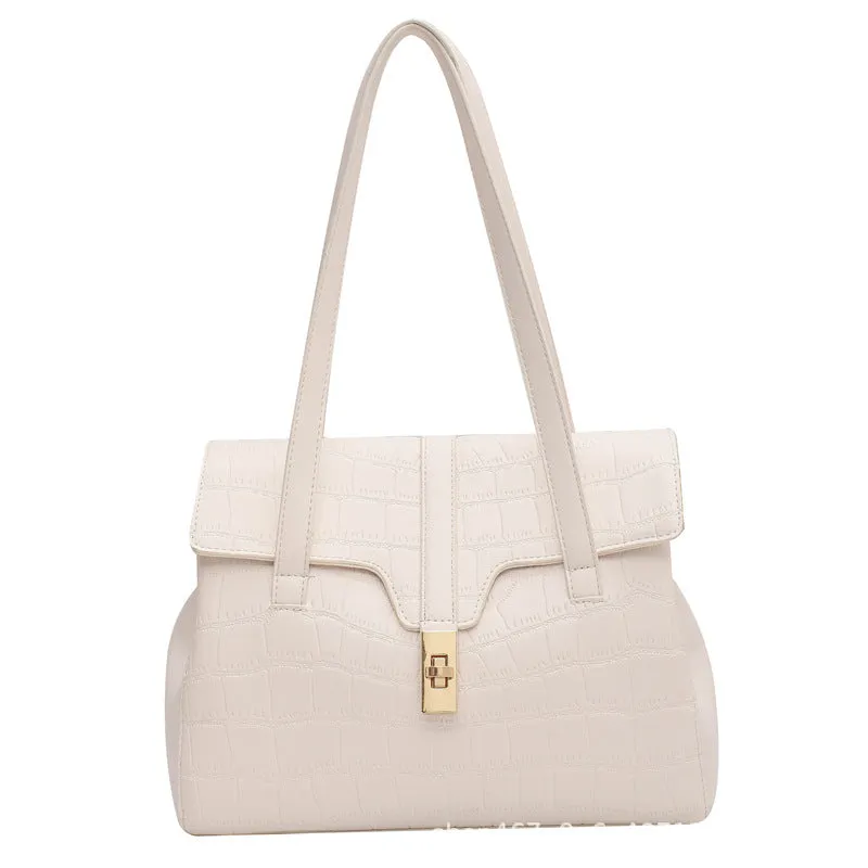 Women's medium bucket shoulder bag with crocodile pattern PU, lock closure, and double handles in white, khaki, black, brown
