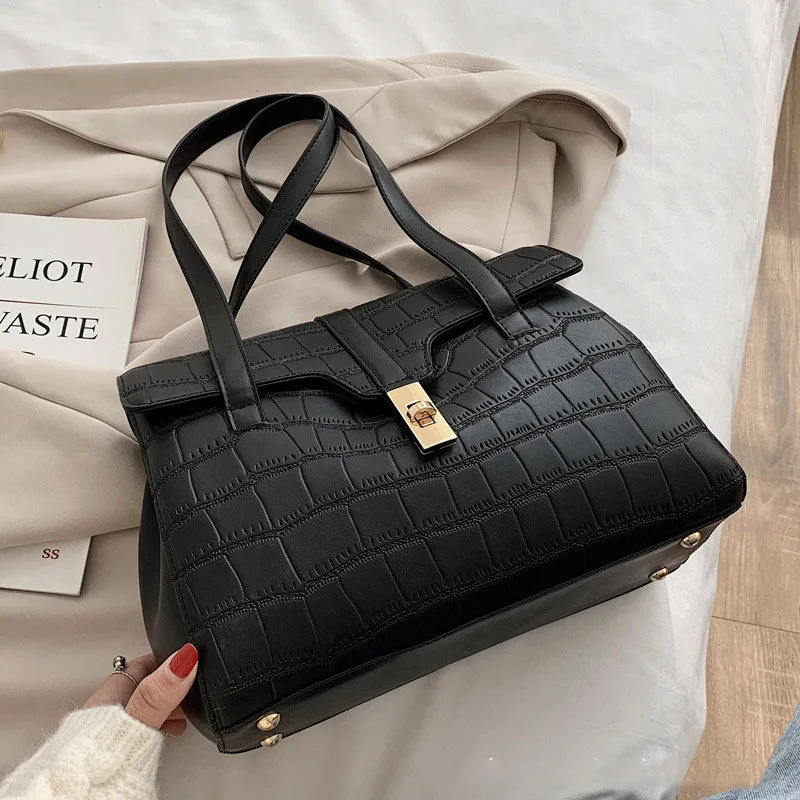 Women's medium bucket shoulder bag with crocodile pattern PU, lock closure, and double handles in white, khaki, black, brown