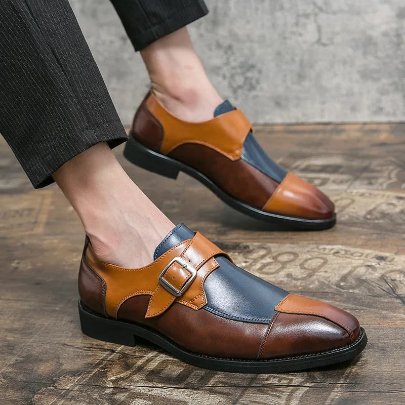 Men's brown blue retro buckle casual shoes with a tall crown microfiber upper.