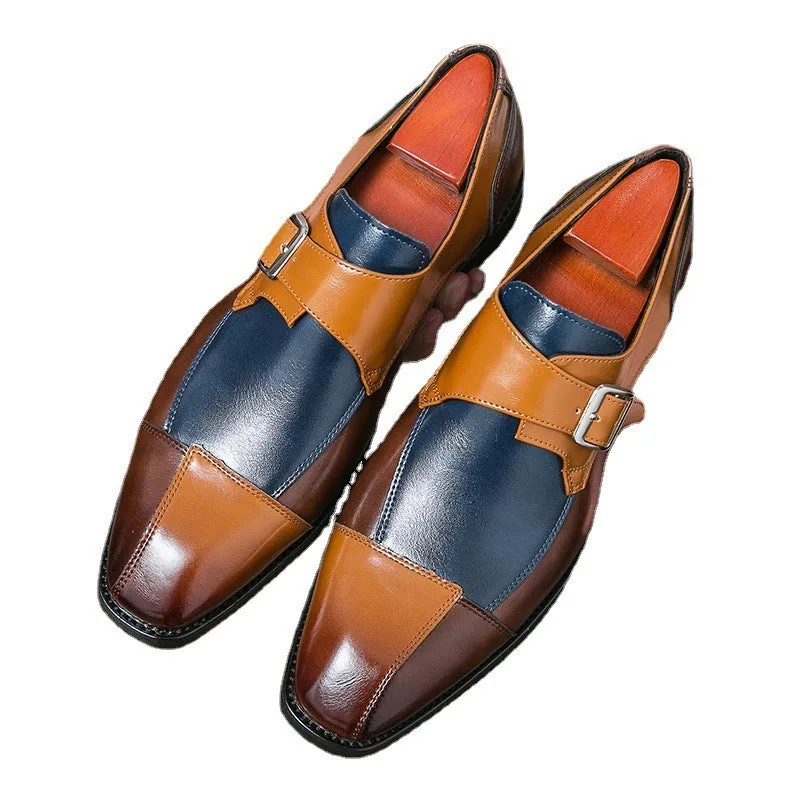 Men's brown blue retro buckle casual shoes with a tall crown microfiber upper.