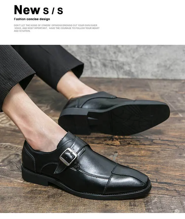 Men's brown blue retro buckle casual shoes with a tall crown microfiber upper.