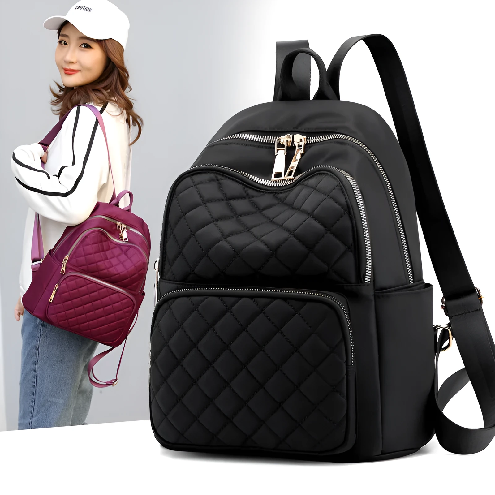 Women nylon embossed casual backpack in blue with zippered closure and soft handle
