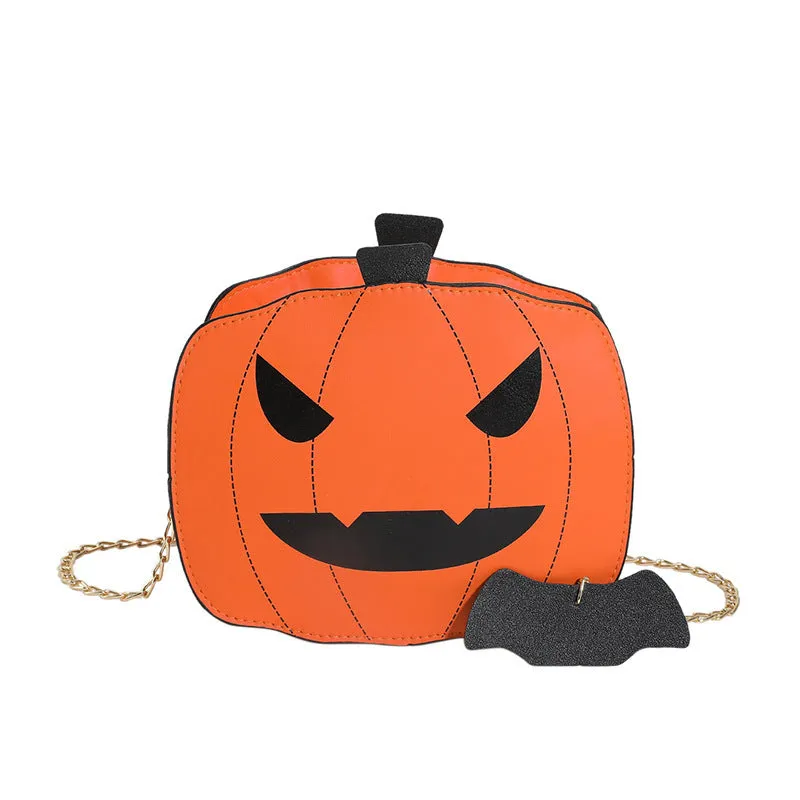 Cartoon pumpkin shoulder bag in orange with chain strap on white background