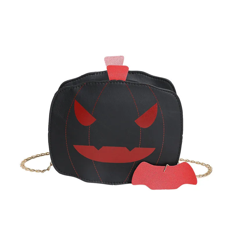 Cartoon pumpkin shoulder bag in orange with chain strap on white background