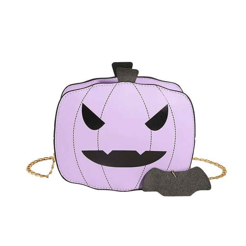 Cartoon pumpkin shoulder bag in orange with chain strap on white background