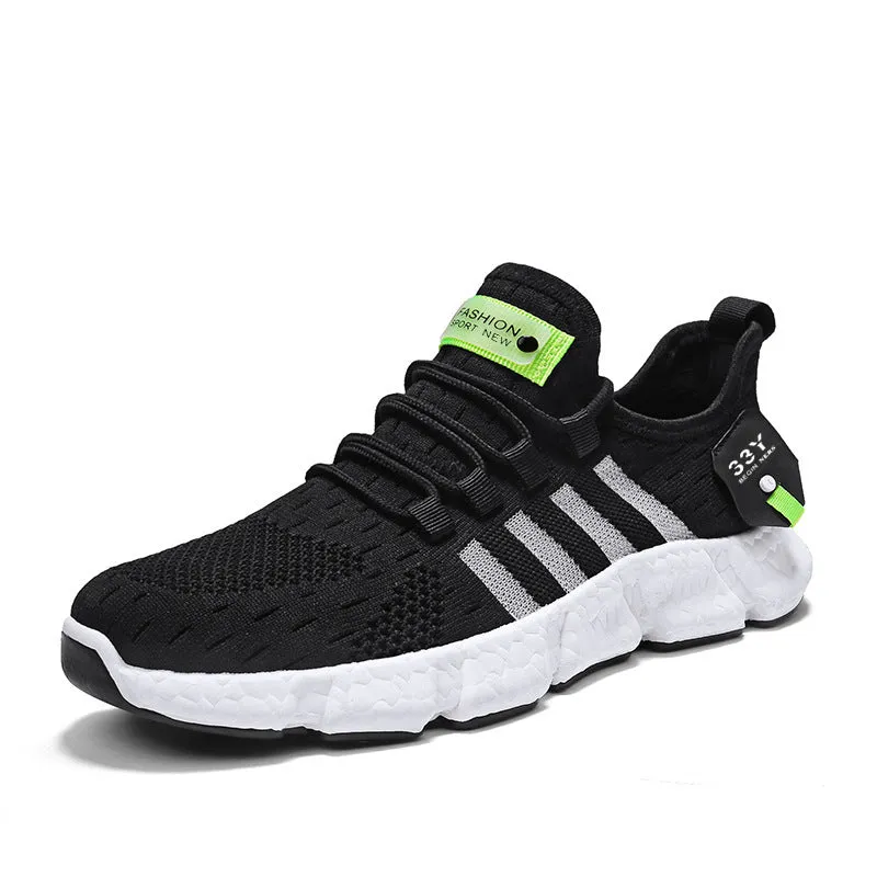 Lying Weave men's running shoes in black with striped flying woven mesh upper and rubber sole