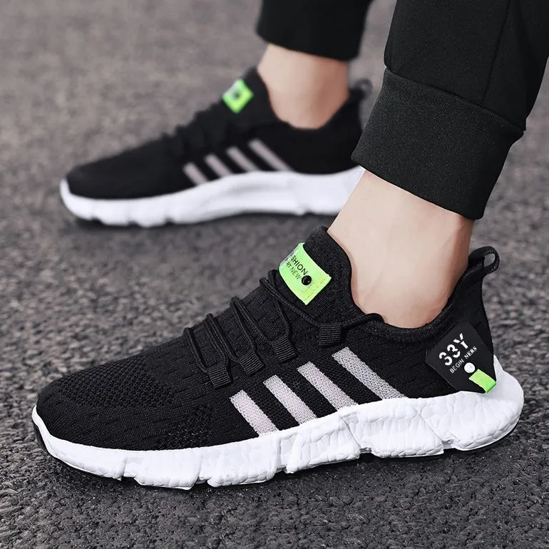 Lying Weave men's running shoes in black with striped flying woven mesh upper and rubber sole