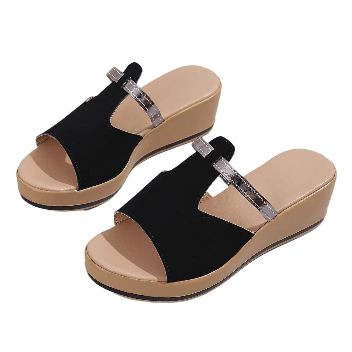 Summer peep-toe wedge sandals thick sole heightening slippers women PU upper black colour
